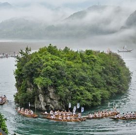 熊野速玉大社の「御船祭」で熊野川にある御船島を舞台に行われた早船競漕（１６日、三重県紀宝町から撮影）