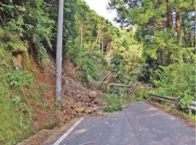 山の斜面から土砂が崩れ落ち、県道をふさいでいる（２２日午前８時前、和歌山県みなべ町高野で）