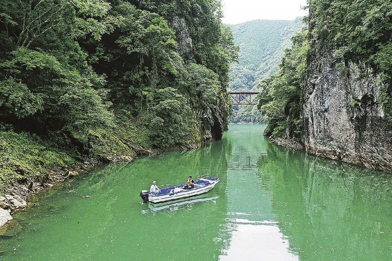 合川ダムを遊覧するボート（和歌山県田辺市合川で）