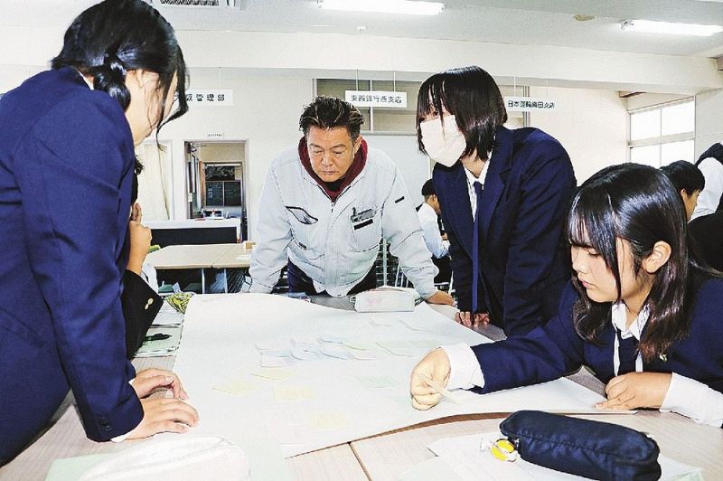 田上雅人さん（中央）とアイデアを出し合う神島高校２年生＝和歌山県田辺市文里２丁目で