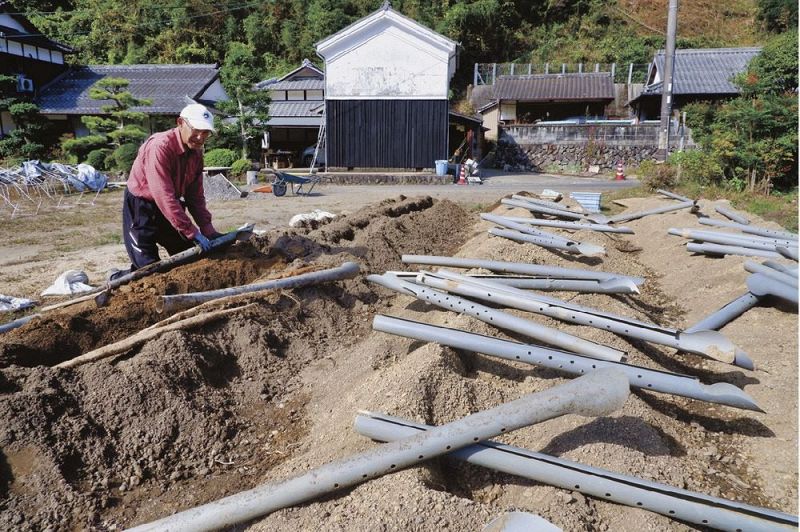 パイプを掘り起こしてジネンジョを取り出す鈴木直孝さん（和歌山県田辺市龍神村福井で）