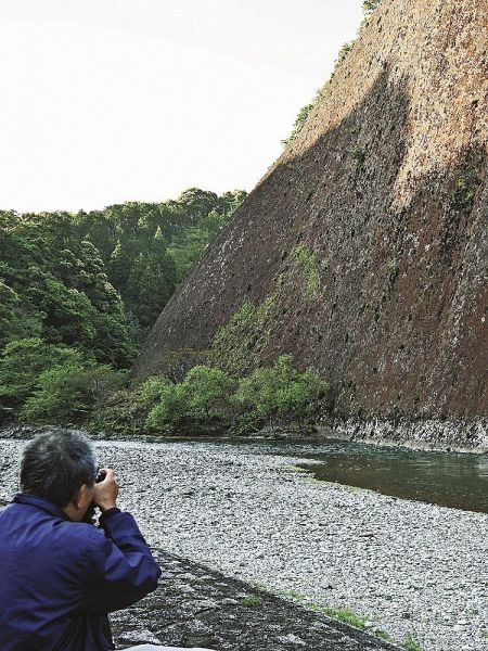 「古座川の一枚岩」に現れた、耳を立てて右側を向いた犬のように見える影（１７日午後４時５５分、和歌山県古座川町相瀬で）