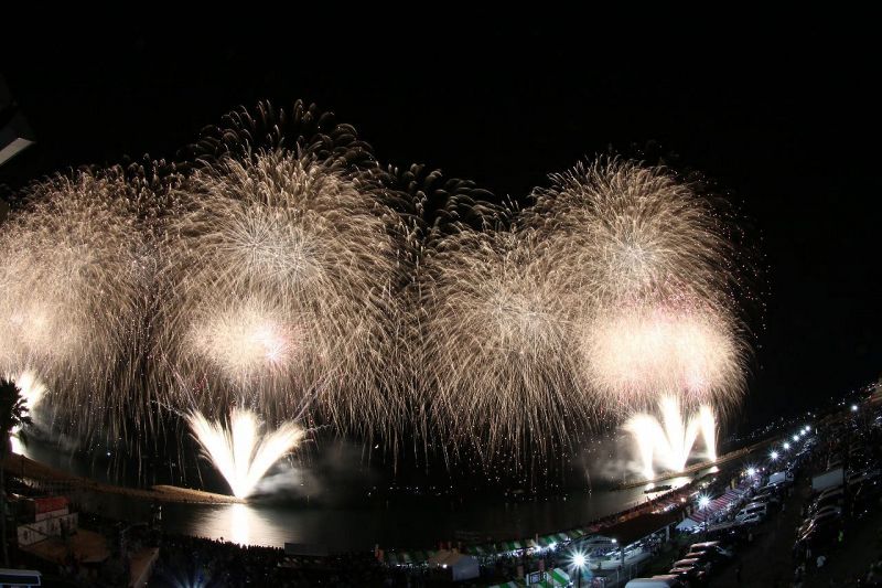 昨年の田辺花火大会で、夜空を彩る打ち上げ花火（2022年10月1日、和歌山県田辺市扇ケ浜）＝魚眼レンズで撮影