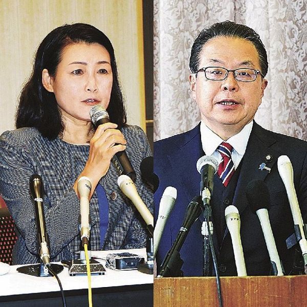 記者会見する新古祐子氏（左）と世耕弘成氏