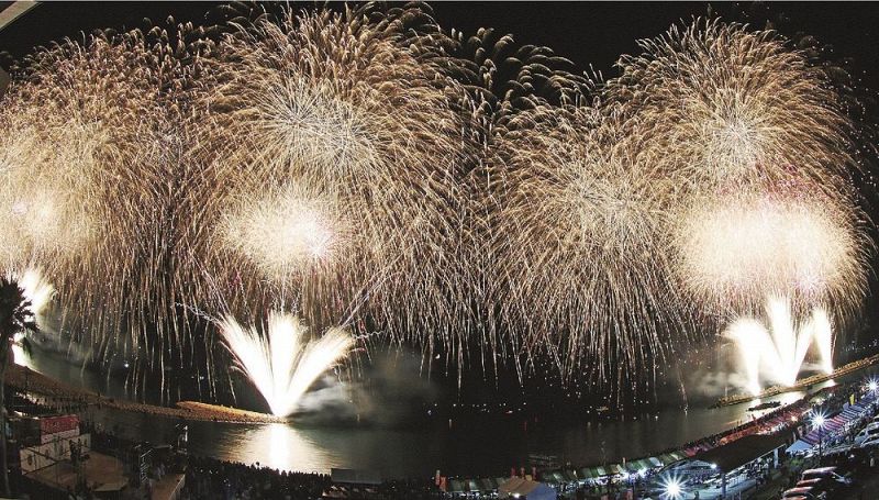 夜空を彩る打ち上げ花火（１日、和歌山県田辺市扇ケ浜で）＝魚眼レンズで撮影