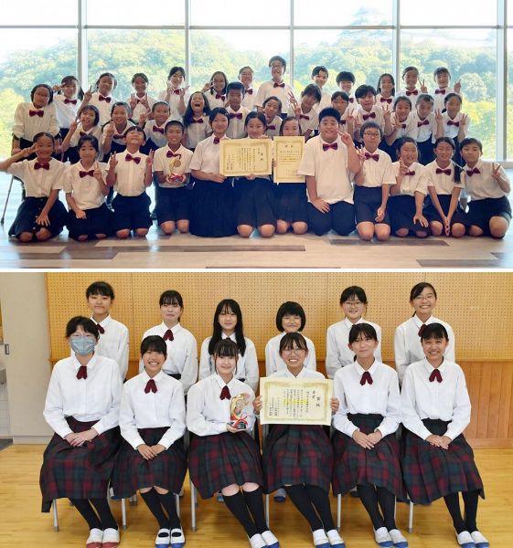 田辺第二小学校合唱部（上）と東陽中学校合唱部のメンバー